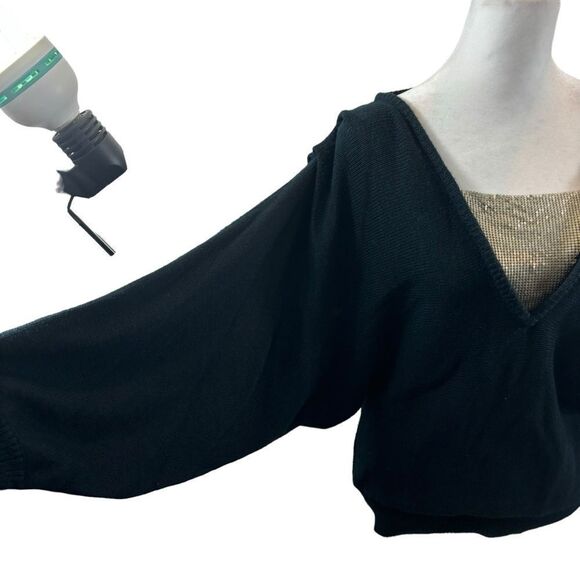 Rare 1980’s Gitano Knits Black‎ V Neck Batwing Sweater With Silver Mesh Large - Picture 5 of 10